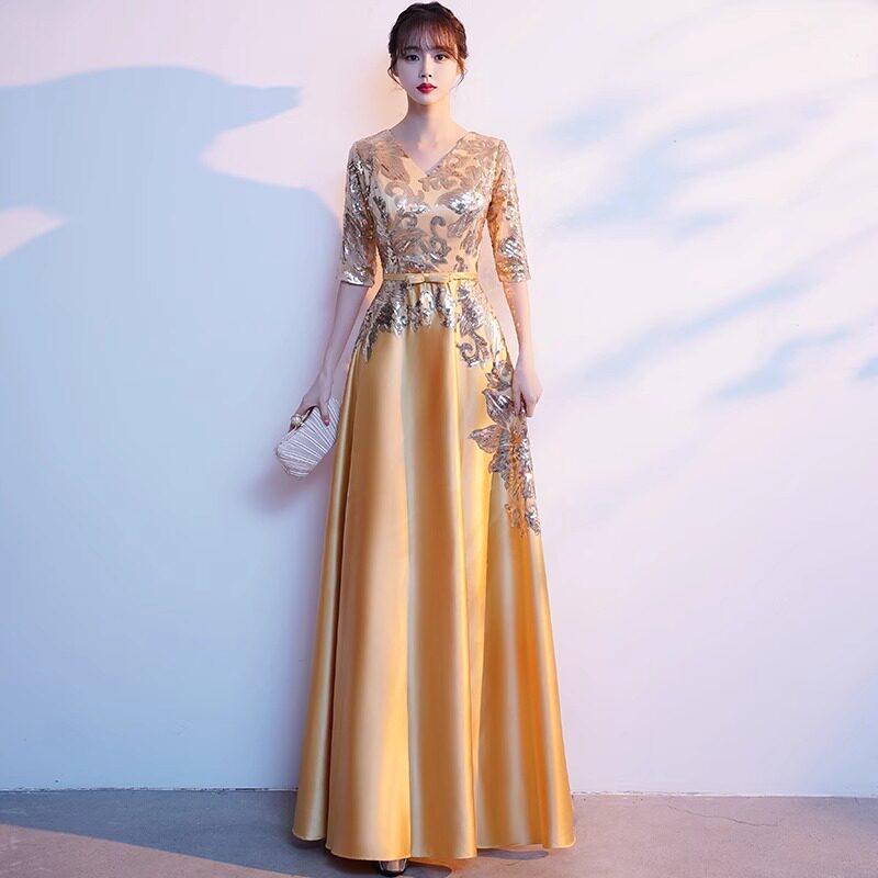 大合唱演出服女长裙成人显瘦金色