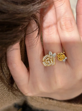 甄媛银饰闪钻双生玫瑰花系列戒指