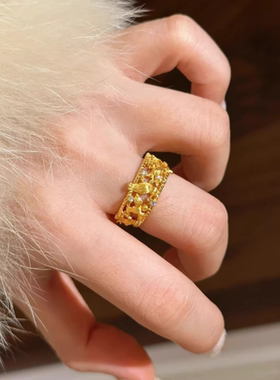 甄媛银饰沙金喜鹊镂空花丝戒指女