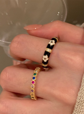 甄媛银饰黑色滴釉彩色锆石戒指女