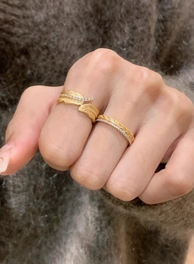 甄媛银饰金色拉丝麦穗树叶戒指