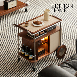 Hygge中古风小推车客厅复古多功能可移动茶几实木高级感沙发边几