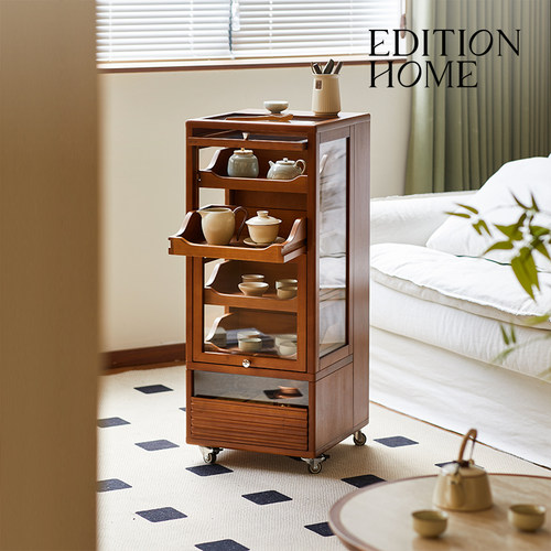 茶具杯具玻璃收纳柜手办展示柜客厅可移动边柜茶桌中古实木小柜子