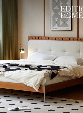 新款法式中古风高脚床1米5双人床复古白色实木排骨床小户型卧室床