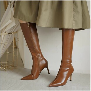2025新款冬季真皮尖头长靴女高跟英伦风细跟欧美棕色长筒靴骑士