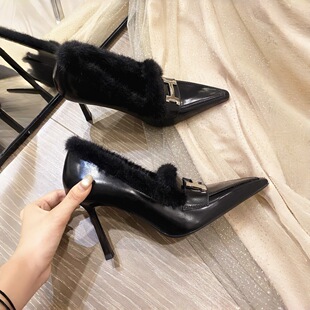 H款毛毛高跟鞋女尖头25秋冬新款气质高级不累脚细跟包头单鞋加绒