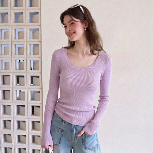 wanwan lei晚晚早秋优雅风U领长袖针织女内搭掐腰套头修身上衣