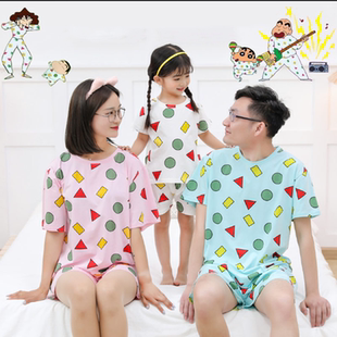 宝宝衣服全家装 夏母子装 蜡笔小新网红纯棉睡衣一家三口四口亲子装