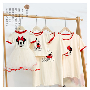 一家三口四口夏装 兄妹装 儿童夏姐弟装 亲子装 米奇女童连衣裙 母女装