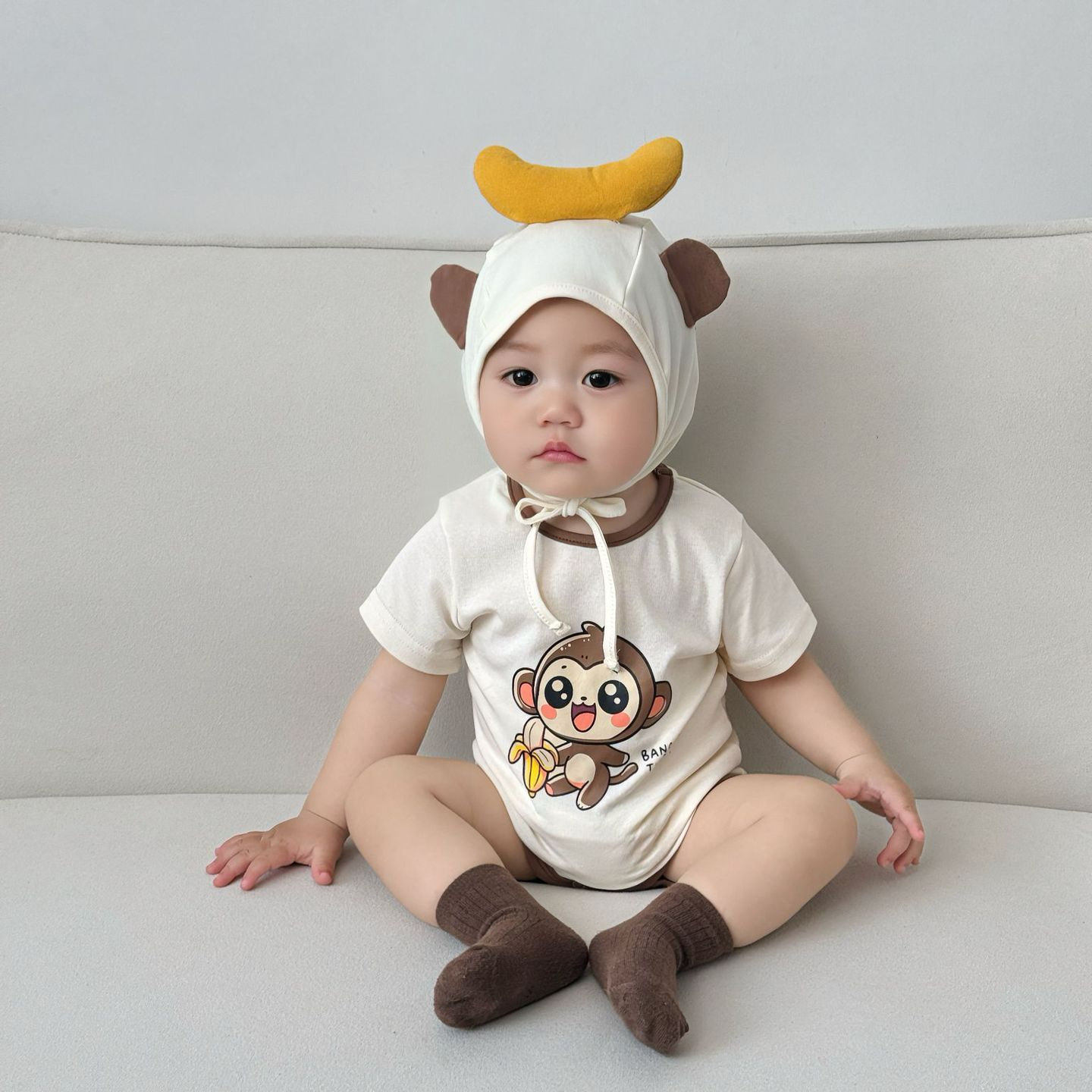 婴儿猴子香蕉短袖连体衣哈衣男女宝宝可爱卡通印花外穿包屁衣薄款