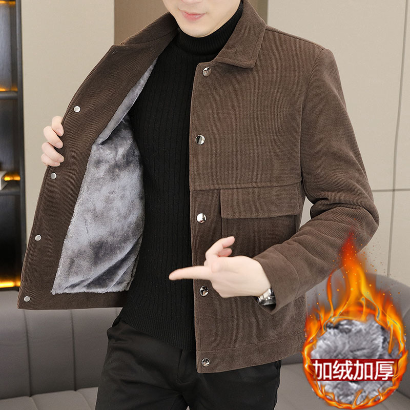 秋冬季加绒加厚灯芯绒夹克男青年韩版修身翻领高级感短款风衣外套