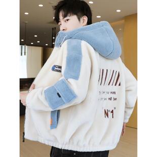 青少年棉衣男生冬季潮流加厚棉袄学生颗粒绒帅气连帽羊羔毛绒外套