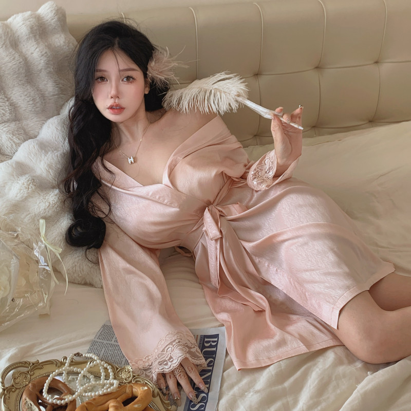 纯欲甜美蕾丝女士长袖睡袍浴袍成熟绑带中长款宽松晨袍女款家居服