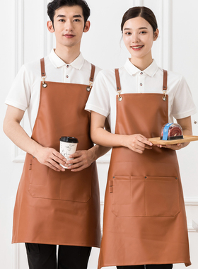 高档防水防油皮革挂肩围裙酒店餐饮厨房专用围裙咖啡厅奶茶店围裙