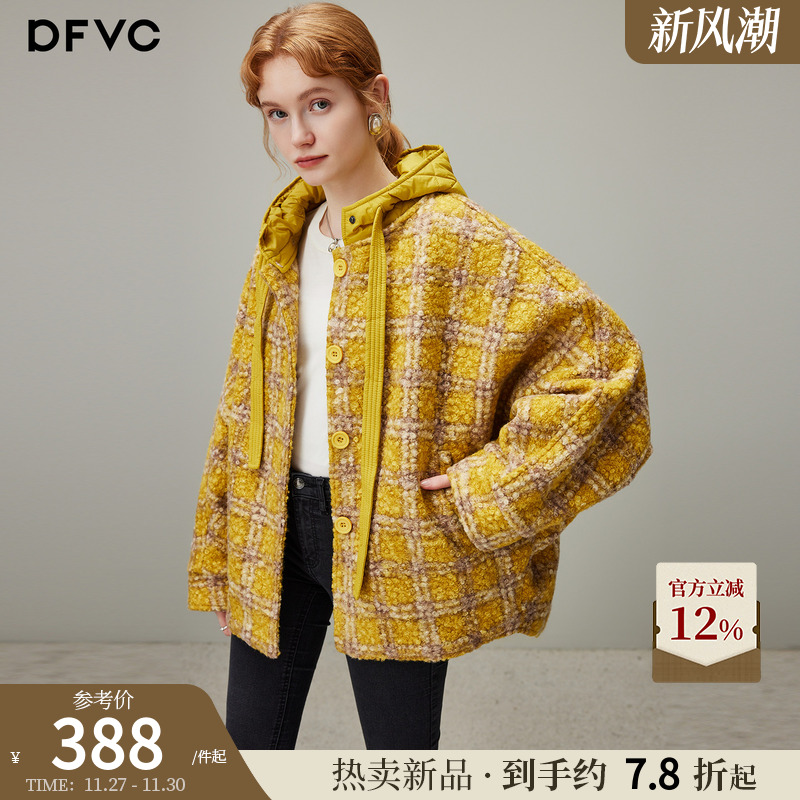dfvc时尚短款连帽格子毛呢外套