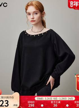 dfvc黑色慵懒风长袖套头卫衣女2025年冬季新款一字肩宽松休闲上衣