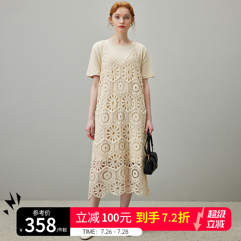 dfvc镂空钩花吊带连衣裙女夏季2025新款纯棉T恤裙针织长裙两件套