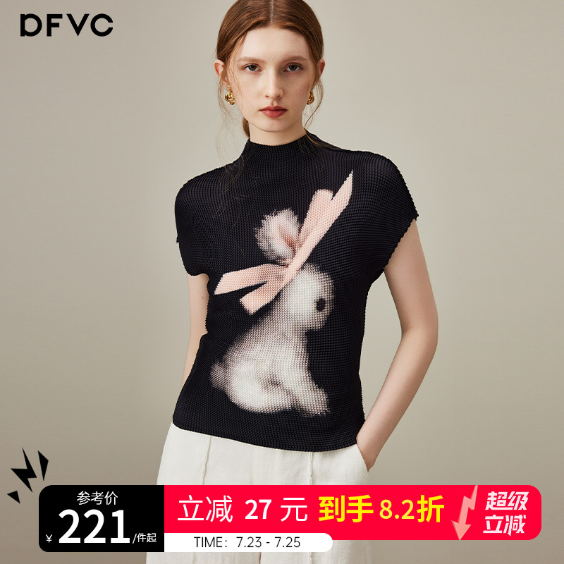 dfvc白色时尚印花短袖t恤女2025年夏季新款褶皱修身显瘦独特上衣