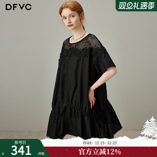 dfvc黑色亚麻绣花镂空连衣裙