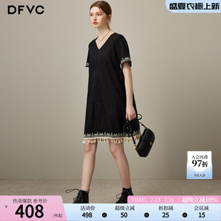 dfvc黑色亚麻V领连衣裙女2026年夏季新款刺绣流苏小个子宽松裙子