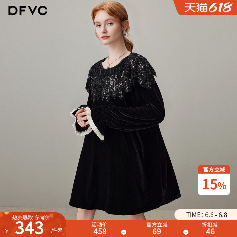 dfvc黑色复古丝绒长袖连衣裙女2025冬季新款荷叶边钉珠宽松中长裙
