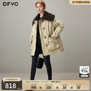 dfvc大翻领中长款羽绒服女2026年冬季新款牛角扣白鸭绒保暖派克服