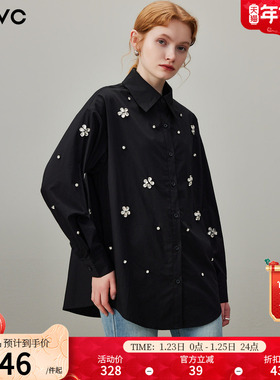 dfvc黑色纯棉重工钉珠长袖衬衫女2026年春季新款宽松百搭显瘦衬衣
