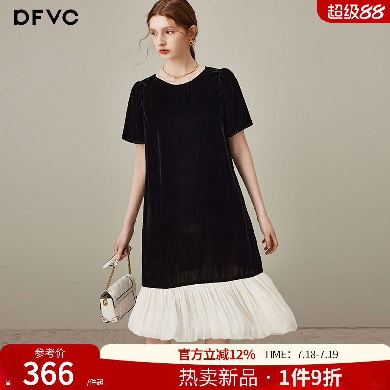 dfvc黑色复古丝绒连衣裙撞色拼接