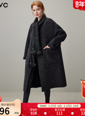 dfvc黑色韩系长款绵羊毛呢外套女2025年冬季新款围巾加厚双面大衣