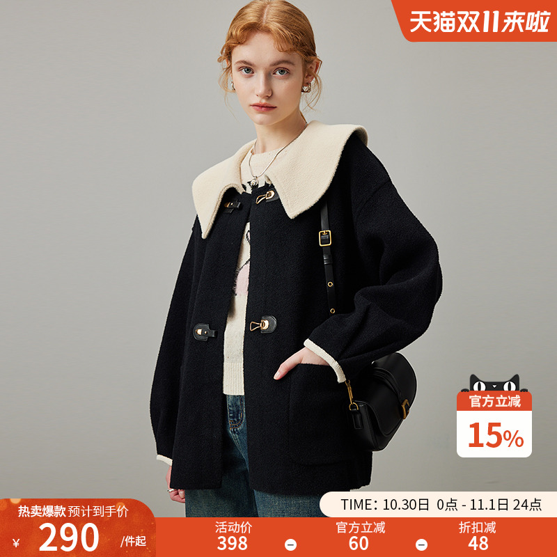 dfvc黑色娃娃领毛呢外套女2025新款冬季撞色牛角扣宽松短款大衣厚
