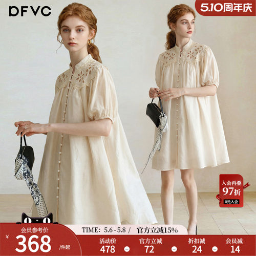 dfvc苎麻复古镂空短袖衬衫裙