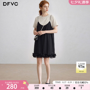 dfvc韩版休闲假两件拼接T恤裙女2026年夏季新款荷叶边宽松连衣裙
