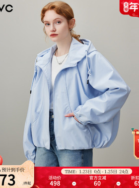 dfvc韩版简约休闲短款连帽风衣外套女2026年春季新款宽松百搭夹克