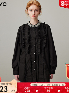 dfvc黑色纯棉长袖衬衫女2026年春季新款钉珠木耳边宽松显瘦衬衣薄