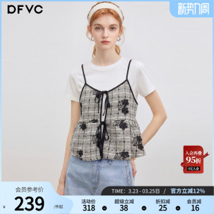 叠穿小个子上衣 新款 dfvc韩系短袖 T恤格纹吊带两件套女2026年春季
