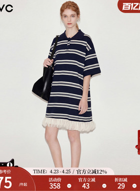 dfvc韩版休闲Polo领条纹T恤裙女2026年夏季新款花边小个子连衣裙