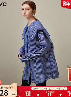 dfvc蓝色减龄海军领格子长袖衬衫女2026年春季新款网纱中长款上衣