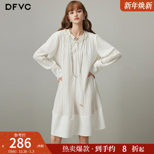 宽松中长款 dfvc白色法式 新款 连衣裙女2025年秋季 裙子 重工压褶长袖