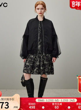 dfvc黑色时尚短款棒球服外套女2026年春季新款网纱宽松开衫夹克