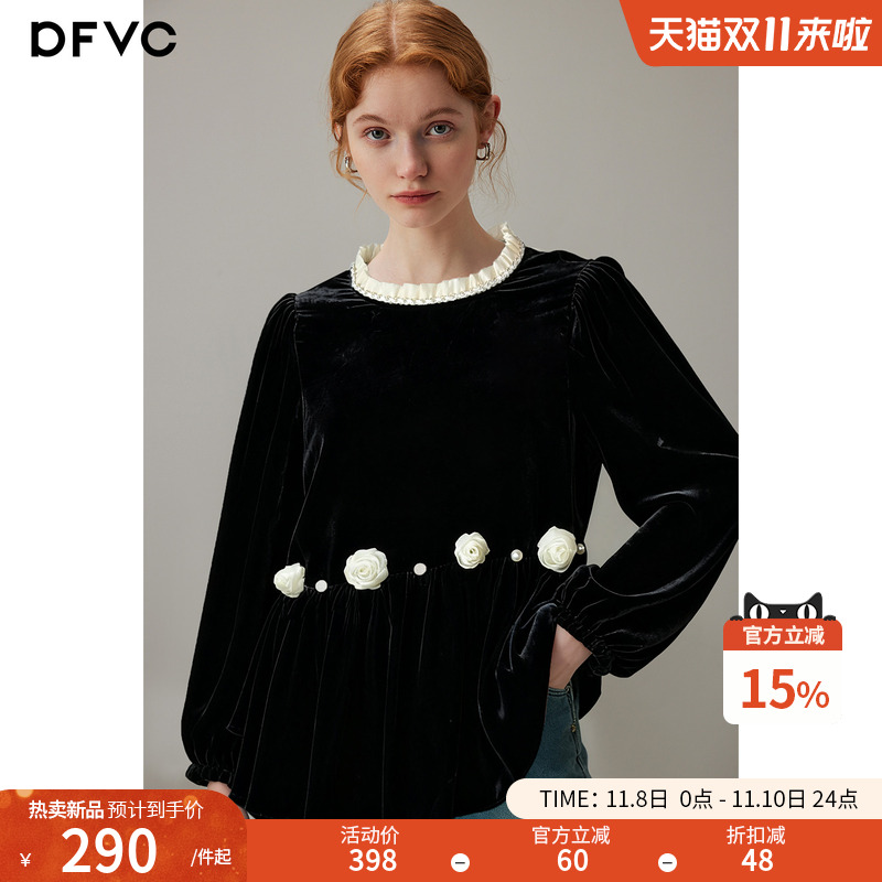 dfvc复古丝绒长袖衬衫立体花朵