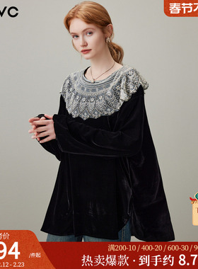 dfvc黑色复古丝绒长袖衬衫女2026年春季新款荷叶边宽松内搭上衣