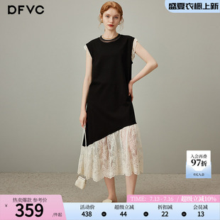 dfvc黑色气质蕾丝拼接背心裙t恤裙女2026夏季新款无袖连衣裙长裙