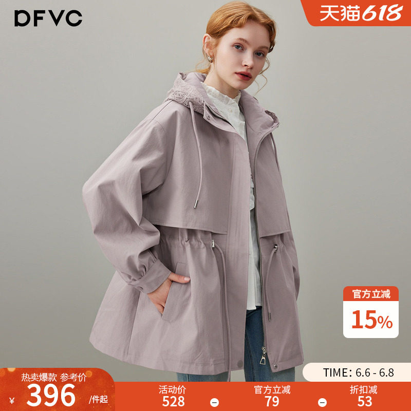 dfvc粉色韩版中长款风衣外套女2026年春季新款连帽收腰宽松大衣