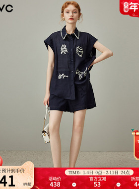 dfvc天丝刺绣衬衫套装女2025年夏季新款宽松显瘦阔腿短裤两件套薄