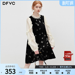 裙子小黑裙 蝴蝶长袖 dfvc甜美风撞色拼接丝绒连衣裙女2026春季 新款
