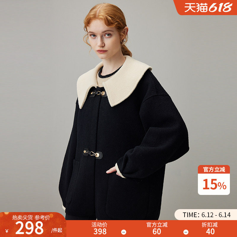 dfvc黑色短款娃娃领毛呢外套女2025新款冬季牛角扣宽松针织大衣厚