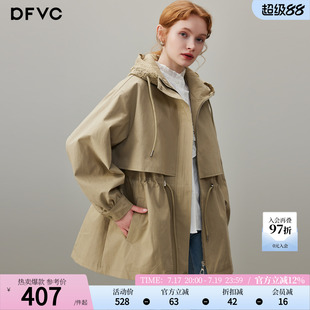dfvc卡其色韩版中长款风衣外套女2026年秋季新款连帽收腰宽松大衣