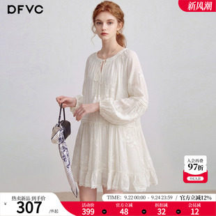 dfvc人丝法式复古长袖连衣裙女2026新款秋季绣花系带领宽松A字裙