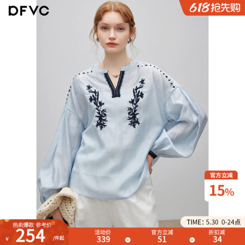dfvc亚麻醋酸文艺风刺绣长袖衬衫