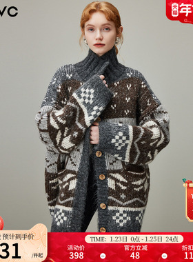 dfvc复古费尔岛提花针织开衫女2025年冬季新款宽松中长款毛衣外套